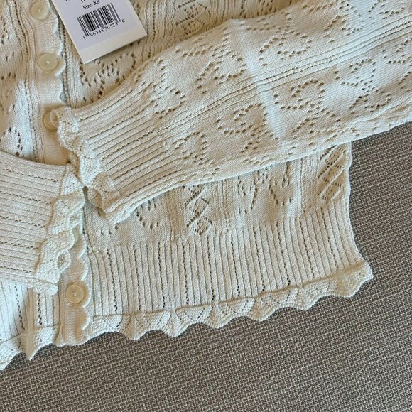 NWT LoveShackFancy Cotton Knit Petra Bow Pointelle Cardigan XSmall Ivory Cream - Picture 6 of 11